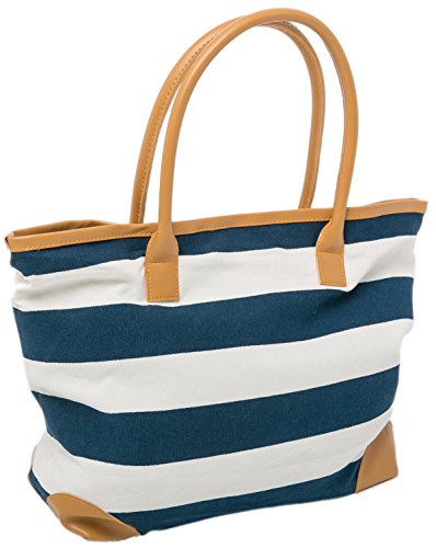 Beach Bag Womens Canvas Summer Tote Bags Striped Nautical Shopper 46 x 32 x 13 cms Closure Magnetic Clasp Airee Fairee (BLUE)(Size:L)