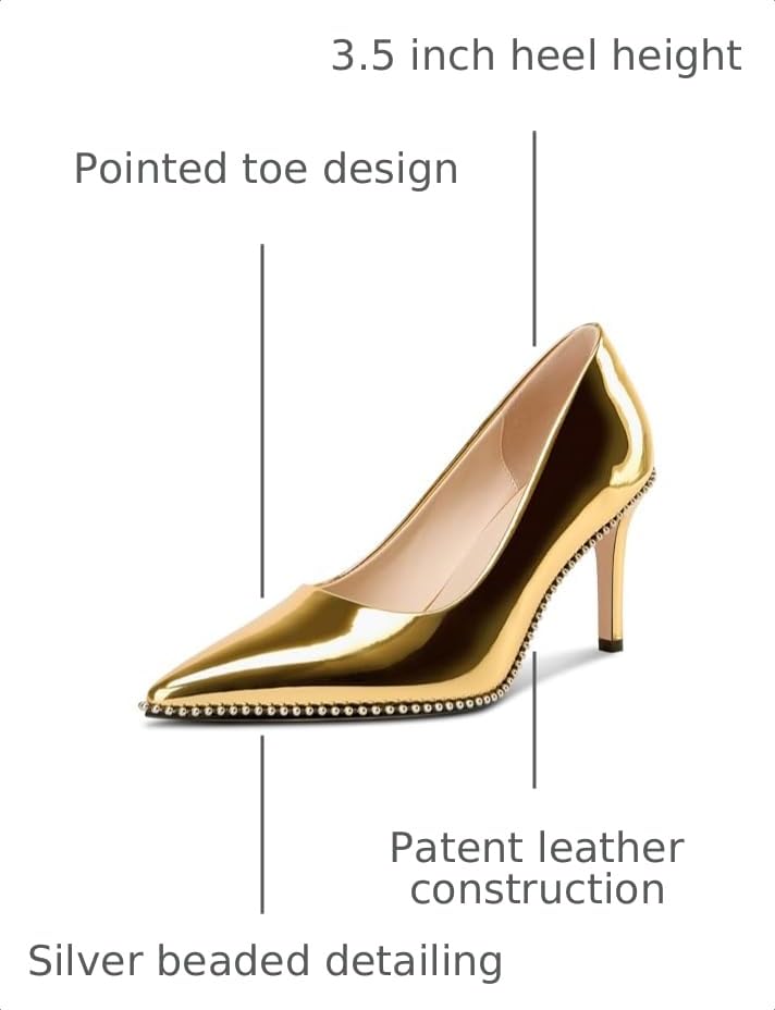 Image of TNYNFBEB Womens Stiletto Mid Heel Pointed Toe Pumps Slip-on Sliver Beaded Prom Wedding Dress Basic Classic Patent Leather 3.5 Inches Heels