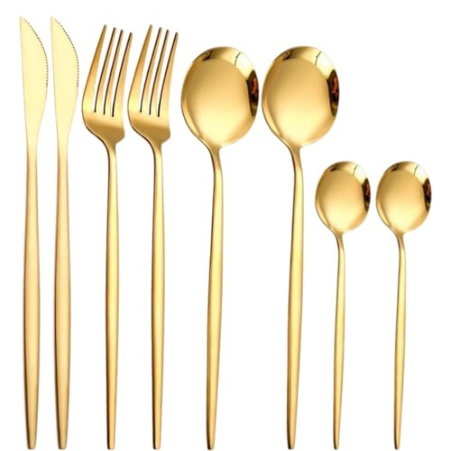 Image of 8 pcs Flatware Set, Gold Silverware Set for 2, Knife Fork Spoon, Stainless Steel Home Dinnerware Tableware,Mixed Cutlery Set Eating Utensils for Restaurants (8 Pcs Gold)
