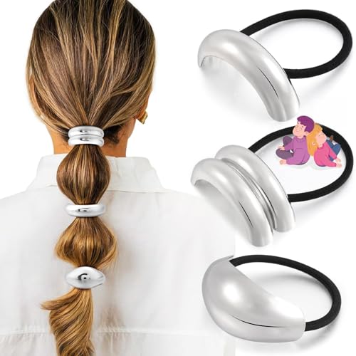 3PCS Silver Hair Ties, Metal Hair Ties for Thick Hair, Elegant Durable Geometric Design, Silver Hair Accessories Stretchy and Non-Damage Ponytail Holders, 3 Styles in Box Gifts Holiday