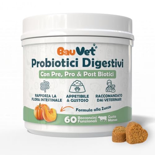 BauVet Probiotici Digestivi per Cani | Integratore con Pre, Pro & Post Biotici | Supporto Digestione, Flora Intestinale e Difese Naturali | 60 Bocconcini Gusto Manzo
