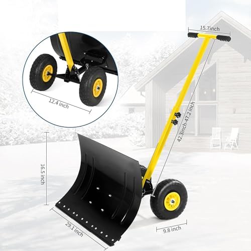 Heavy-Duty Adjustable Snow Plow with Wheeled Design for Driveways and Sidewalks, Height & Angle Adjustable Handle (29.1" W x 16.5" H) - Effortless Snow Removal