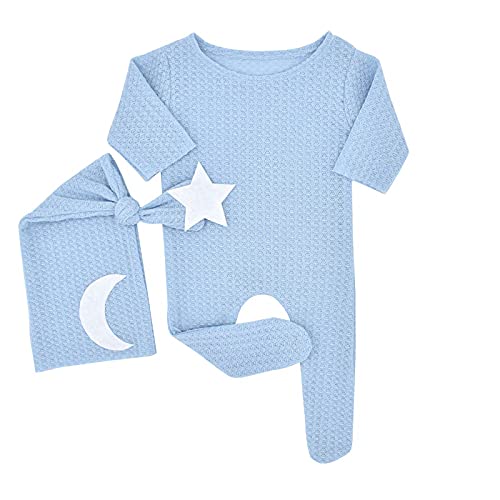 Winmany Baby Häkeln Strick Foto Fotografie Requisiten Outfits, 2PCS Neugeborene Foto Prop Strampler Hüte Kostüm Kleinkind Zubehör für 0-2 Monate (Babyblau)
