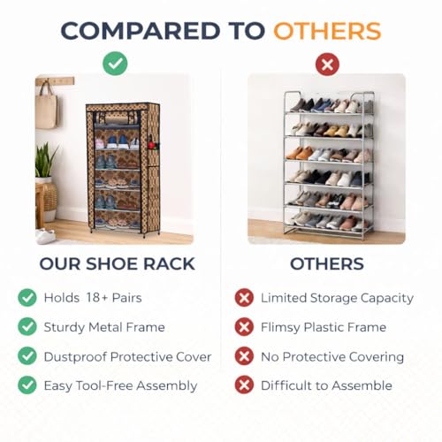 Image of Metal Shoe Stand with Cover, 6 Tier Shoe Organizer for Home & Office - Flower Print