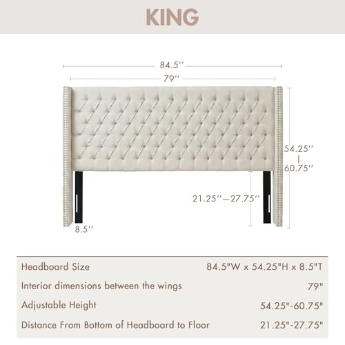 Image of Madison Park Amelia Upholstered Headboard | Nail Head Trim Wingback Button Tufted | King, Cream