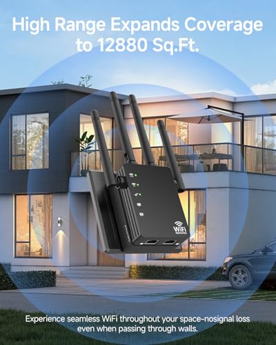 Image of WiFi Extender Signal Booster 1200Mbps, Long Range Extender for Home and Outdoor, 12880 Sq.Ft Range, 105-Device Compatibility, Easy Setup, WiFi Extender