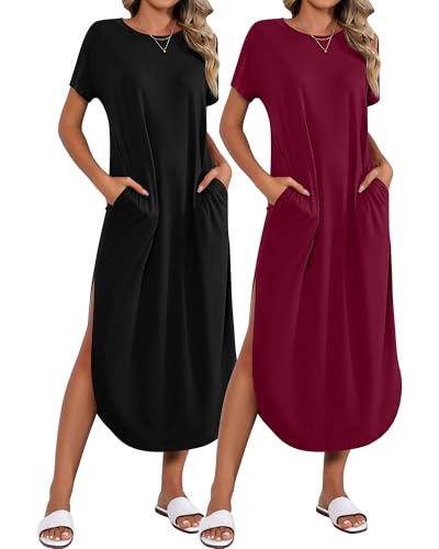 Image of Riyiper 2 Pieces Women's Short Sleeve Maxi Dress Round Neck Casual Loose Split Long Summer Beach Shirt Dress with Pockets