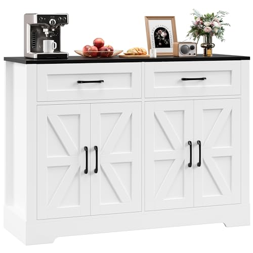 BOTLOG Sideboard Buffet Cabinet with Storage, Farmhouse Kitchen Buffet Table with Drawers, Coffee Bar with Barn Doors for Dining Room, Hallway, White and Black