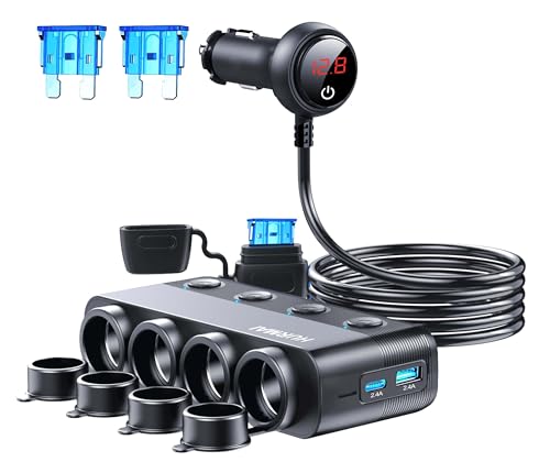 Cigarette Lighter Splitter 216W 4 Socket Car Cigarette Lighter Adapter Heavy Duty Truck Car USB Chager Multi Port USB C 12V/24V Independent Switches & Dust Cover & Waterproof for Car Devices