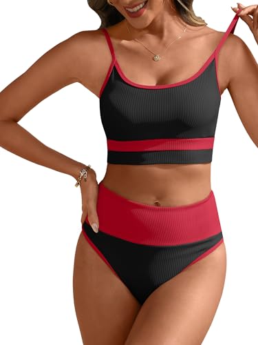 Image of ANRABESS Women's High Waisted Bikini Sets,Color Block 2 Piece Swimsuits,Tummy Control Bathing Suits,Thick Ribbed Beach Wear