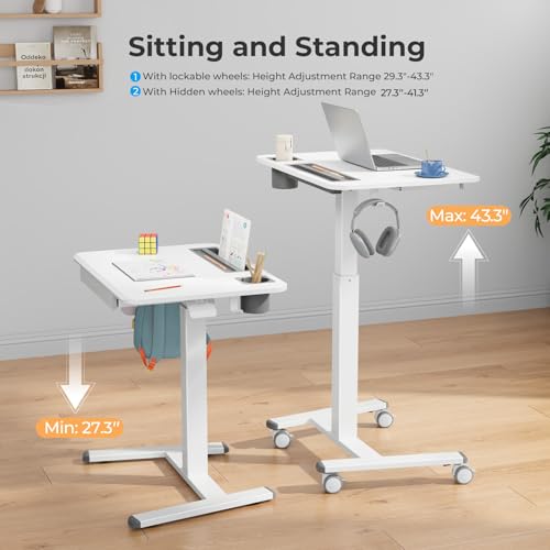 Image of Mobile Standing Desk with Drawer, 28 inch Rolling Desk with Cup Holder and Hooks, Portable Laptop Cart on Wheels, Height Adjustable Workstation with Storage for Home Office, White
