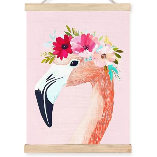 Image of PQKIY Floral Pink Flamingo Wall Art Poster Hanger Frame 12x16 in, Summer Exotic Tropical Bird Flamingo Wall Decor Canvas Prints for Nursery Girls Room Bedroom Dorm Apartment