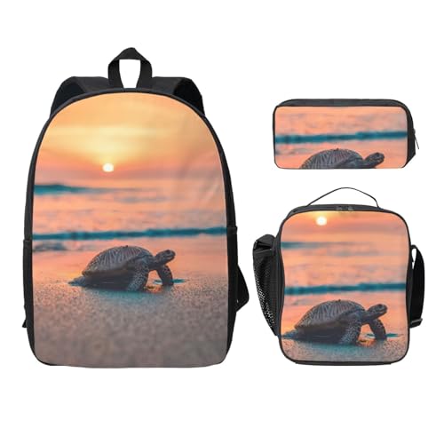 Sac à livres scolaire 3 pièces avec trousse imprimé tortue noir