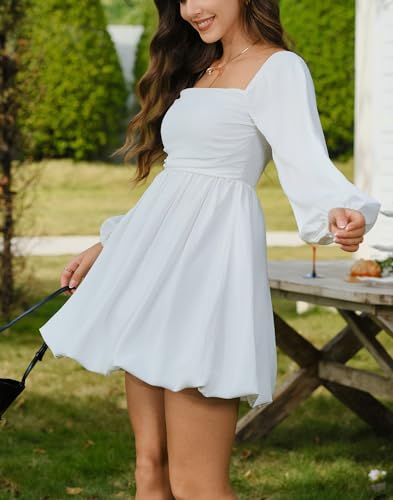 Image of HYPERFIRE Women's Square Neck Long Sleeve Bubble Mini Dress Pleated Smocked A Line Wedding Dresses