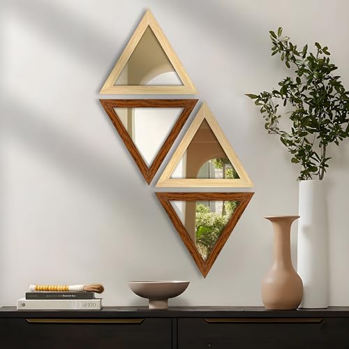 Image of Art Street Acrylic Wall Mirror for Decoration Set of 4, Trangle Shape Acrylic Basin Mirror with Hanging Hook for Bathroom, Bedroom, Home and Office Wall Decor (9x9 Inch, Beige and Brown)