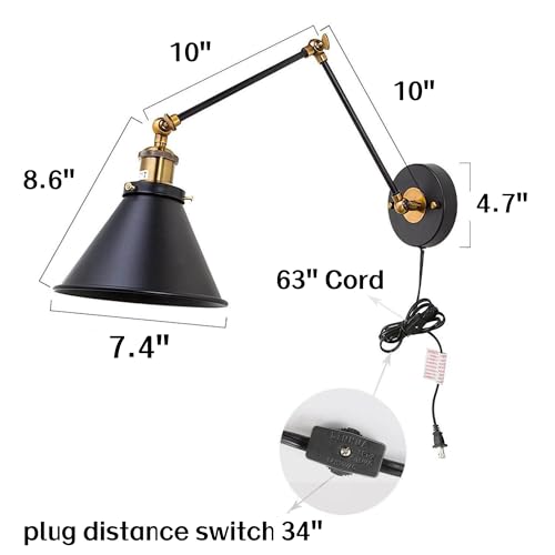Image of LALUZ Black Wall Sconces Lighting, 2 Pack Modern Industrial Swing Arm Plug in or Hardwired Adjustable Wall Lamp with Antique Brass Finish for Bedroom, Kitchen, and Living Room