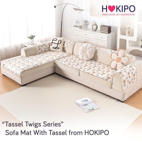 Image of HOKIPO Wildflower Breeze L Shape (3+2 Seater) Sofa Seat Mat with Tassel| Quilted Sofa Cover Mat, 'Tassel Twigs' Series (IN-984-T7 + IN-986-T7)