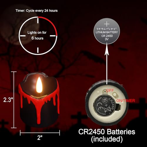 Image of Halloween Black Votive Candles Battery Operated with Long Lasting CR2450 Batteries, LED Flameless Flickering Candles with 6H Timer, 6Pcs Black and Red Drip Wax Candle Gothic Home Decor