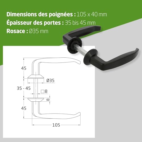 Amig – Jeu de poignées en aluminium – Poignée 105 x 45 mm – Épaisseur de porte 35–45 mm – Rosace Ø35 mm – Couleur noire – Idéal pour portes de passage et portes d’entrée, intérieures et extérieures – vue 6