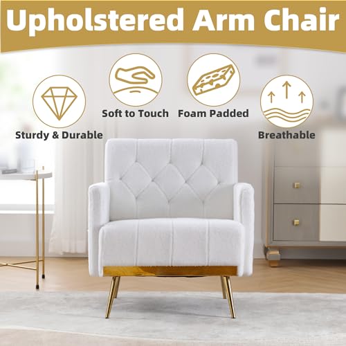 ABET Sherpa Accent Chairs Set of 2 for Living Room, Upholstered Single Sofa with Arms, Modern Tufted Reading Armchair with Gold Trim Metal Legs for Bedroom Office Furniture, White
