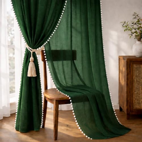 Image of THE Linen Company Cotton Linen Solid Rod Pocket Curtains for Window, Sea Green, Light Filtering Curtain Panels, 4 Feet, Pack of 1