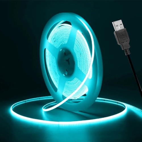 Vrabocry Tira LED COB de 16,4 pies, 5 V, USB, luz blanca cálida, 3 mm de ancho, 400 ledes/m, tira de luz LED autoadhesiva para retroiluminación de TV, iluminación decorativa (azul hielo, 5 V)