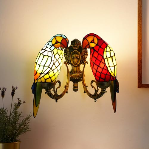 Image of 2-Light Double Parrot Tiffany Wall Sconce Stained Glass with Bulbs | Handmade double parrot stained glass Tiffany wall sconce, 2 lights, vintage decor, includes LED bulbs for bedroom hallway