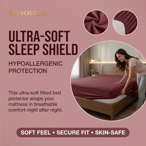 Image of 100% Waterproof Premium Cotton Feel Mattress Protector King Size 78x72 Inches | Breathable and Hypoallergenic Ultra Soft Fitted Bed Protector Cover (Maroon)