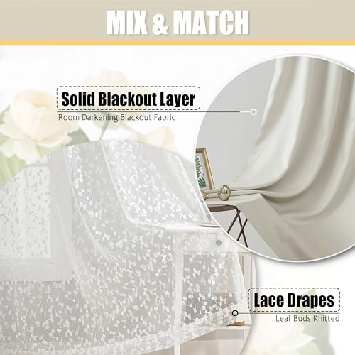 Image of Mix Matched Beige Full Blackout & Sheer Leaf Lace Curtains 52 inchWx63L 4Panels | White Lace Sheer Leaf & Beige Blackout Combo Set, 2 Blackout+2 Sheer Panels, 4-Piece Set, Mix and Match Style Grommet Top
