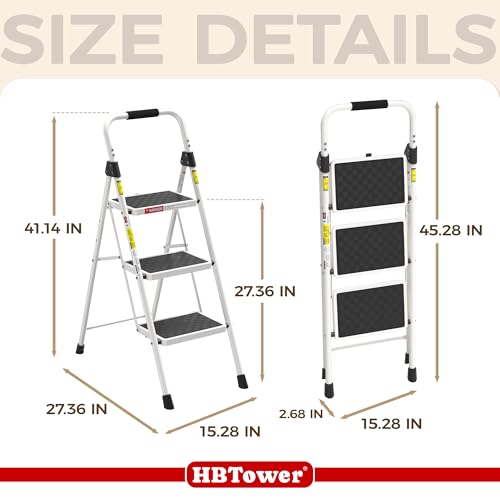 Image of HBTower 3 Step Ladder, Heavy Duty Step Stool with Anti-Slip Pedal and Feet, Folding Step Stool for Adults, Comfortable Handrail, Portable Ladder for Home Kitchen Garage Outdoor, 330 Lbs, White