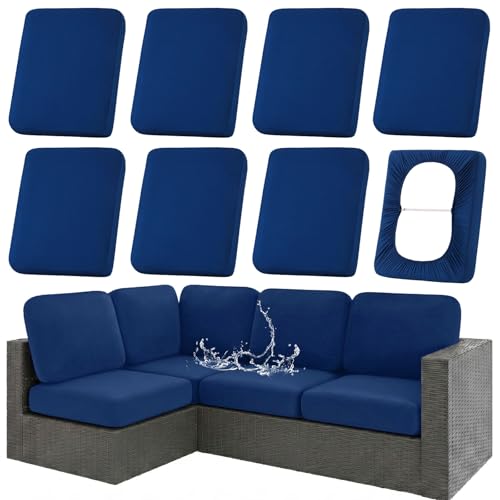 hyha Waterproof Outdoor Cushion Covers for Patio Furniture Stretch Patio Chair Cushion Slipcovers Coated UV Resistant Replacement Seat Covers Solid Color (Navy 8PC)