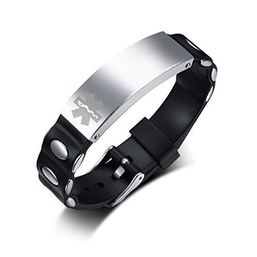 VNOX Custom Silicone Stainless Steel Medical Alert ID Tag Wristband Adjustable Bracelet for Men,Silver