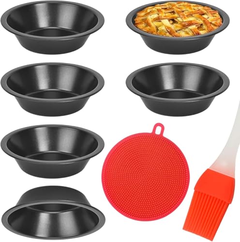 twirush 6 Pack Individual Pie Dishs Pie Tins for Baking 5 Round Non-Stick Mini Quiche Tin Carbon Steel Oven-Safe Pie Tins with Oil Brush & Dish Cloths
