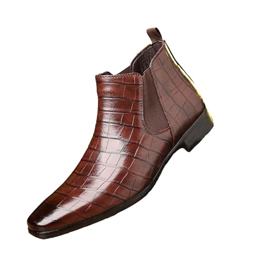 Men's Leather Print Slip On Chelsea Boots Comfortable High Top Pointed Toe Elastic Band Pull On Business Casual Dress Ankle Boots