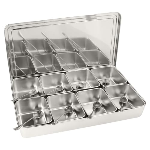 SPYMINNPOO Caja Organizadora de Condimentos de Acero Inoxidable, Contenedor de Condimentos de 8 Rejillas con Tapas y Cuchara para Almacenamiento de Especias, Azúcar y Sal de Cocina