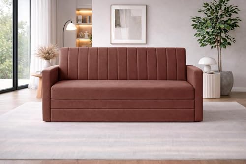 Image of Rosebell Foldable Three-Seater Sofa-Cum-Bed | 3-in-One Convertible Couch with Armrest | Modern Fabric Sofa for Living Room, & Office-Brown
