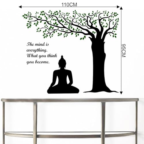 Rawpockets Decals ' Lord Buddha Under Tree and Quote on Mind ' Extra Large Size (Wall Coverage Area - Height 95 cms X Width 110 cms)(Pack of 1) Wall Sticker