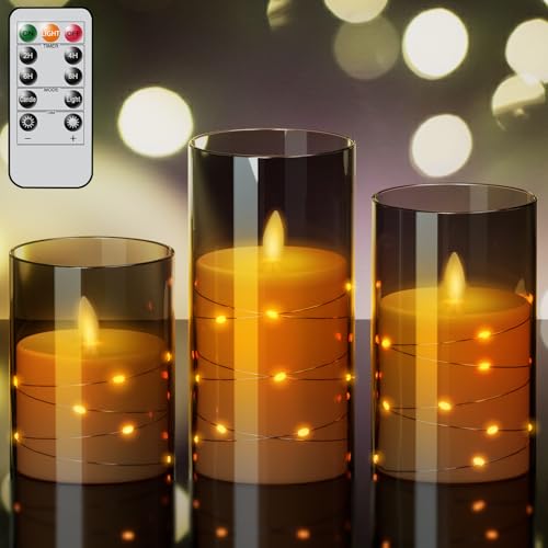 Image of Wondise Flameless Flickering Candles with Embedded Star String Lights, Battery Operated with Moving Wick Acrylic LED Candles with Remote for Home, Wedding, Halloween, Christmas Decor