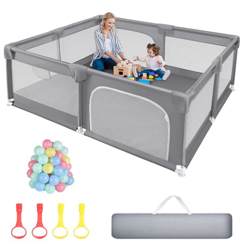 Image of Sour Lemon Baby Playpen 79x71 inch Extra Large Playpen for Babies and Toddlers, Baby Fence Play Pen Yard with Safety Gate Fence with 50 Ocean Balls 4 Pull Rings for Kids Indoor Outdoor
