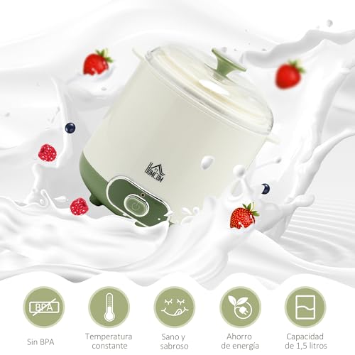 HOMCOM Yogurtera 20 W 1,5L Máquina de Yogur para Hacer Yogur Griego con Filtro Indicador de Encendido y Calentamiento a Temperatura Constante PTC 19,5x17,5x21,4 cm Blanco - imagen 3