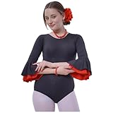 Carnavalife Body flamenco mujer negro maillot danza manga larga con volante, leotardo gimnasia ballet sevillanas, escote redondo, ribete rojo (Negro+Volante Rojo, S)