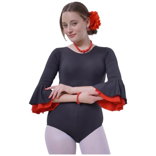 Carnavalife Body flamenco mujer negro maillot danza manga larga con