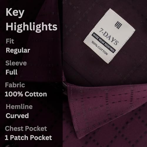 Image of 7-DAYS Men's Premium Formal Shirts - Regular Fit, Full Sleeve, 100% Pure Cotton, Self-Design, with Pocket - Stylish Office Shirts for Men