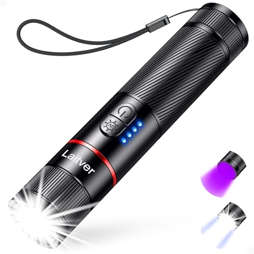 Laitver Taschenlampe LED/UV Aufladbar 2 in 1, Superhell Taschenlampen mit 395nm UV Schwarzlicht-6 Modi, Zoombar, Lange Akkulaufzeit, Wasserdischt Mini Handlampe für Belecutung, Erkennung von Tierurin Laitver Taschenlampe LED/UV Aufladbar 2 in 1, Superhell Taschenlampen mit 395nm UV Schwarzlicht-6 Modi, Zoombar, Lange Akkulaufzeit, Wasserdischt Mini Handlampe für Belecutung, Erkennung von Tierurin