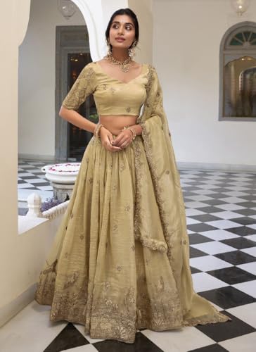 Image of JIHU CULTURE Beige Silk Thread Sequence Embroidery Work Semi-Sttiched Lehenga Choli Set For Women