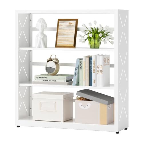3 Tier Bookcase,Industrial Bookshelf,34" White Metal Wide Bookshelf with Adjustable Feet and Adjustable Shelves,Home Office Bookcase Shelf Storage Organizer for Living Room、Kitchen White 3-T