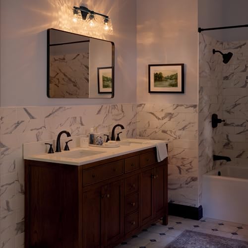 Image of Kichler Marant 21.25 inch 3-Light Bathroom Vanity Light Fixture with Clear Water Glass in Black, Modern Wall Mount Over Mirror for Powder Room (21.25 inch W x 9.5 inch H), 55216BKWTR