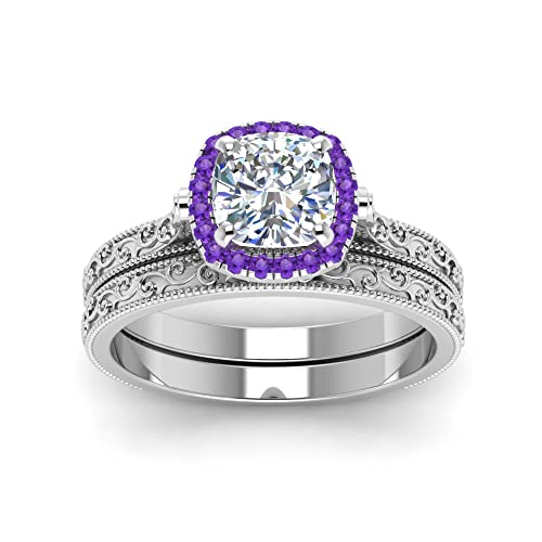 Image of Choose Your Gemstone Hand Engraved Halo Cushion Wedding Ring 925 Sterling Silver Cushion Shape Wedding Ring Sets Matching Jewelry Wedding Jewelry Easy to Wear Gifts US Size 4 to 12