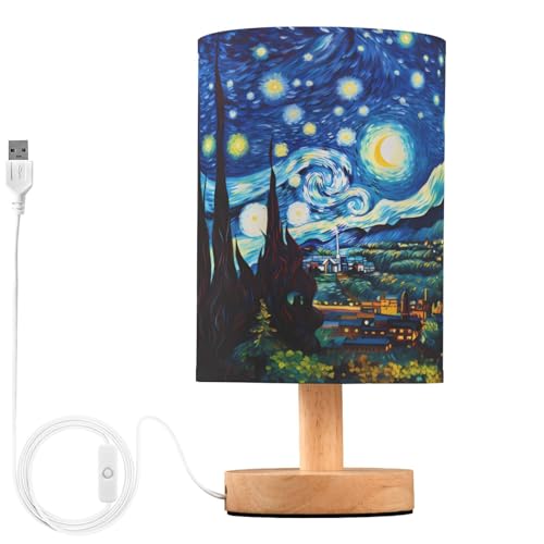 ALAZA Starry Night Mountain Art Decor Bedside Table Lamp with USB Port for Bedroom Nightstand Office Desk LED Bulb Included
