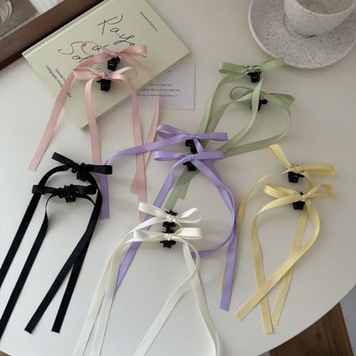 Eliongpu 12Pcs Bow Hair Clips with Long Tail, Tassel Ribbon Small Claw Clips Bow knot Satin Hair Barrette Hair Accessories for Women Girls Toddlers